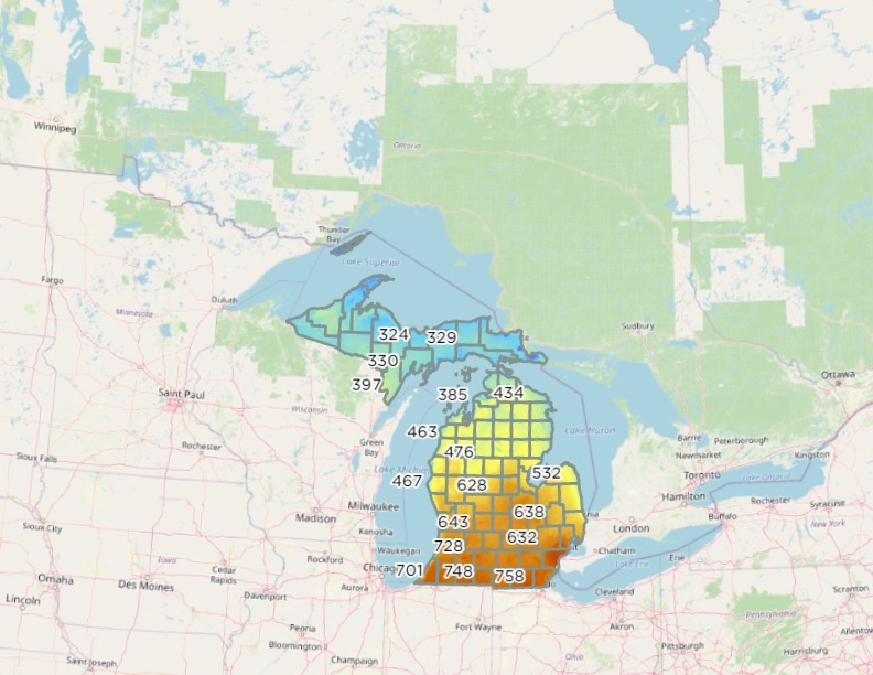 Cumulative growing degree day base 50 map of Michigan.